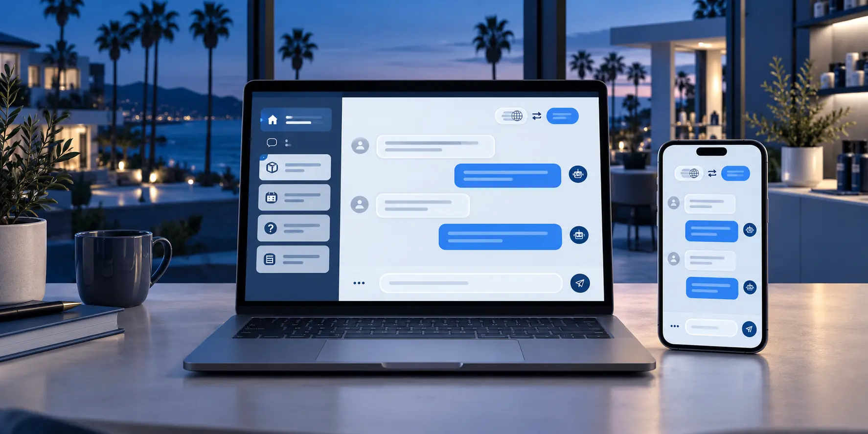 Asistente bilingüe con conversaciones organizadas en una computadora y un teléfono