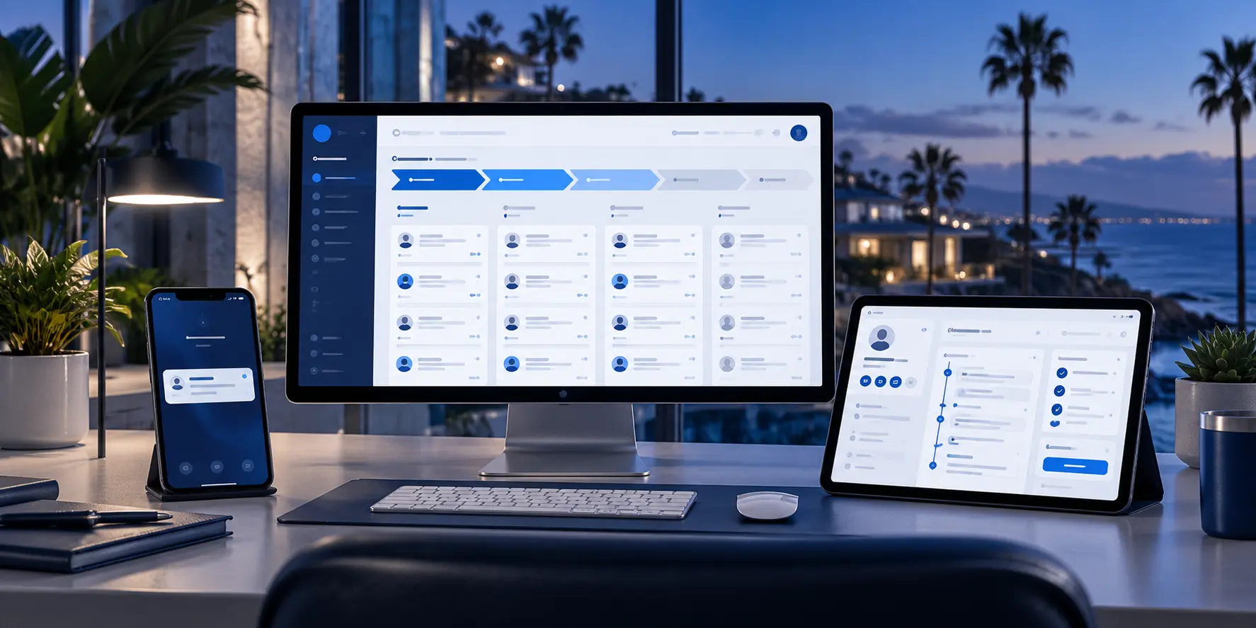 CRM con oportunidades, contactos y seguimiento organizado en diferentes dispositivos