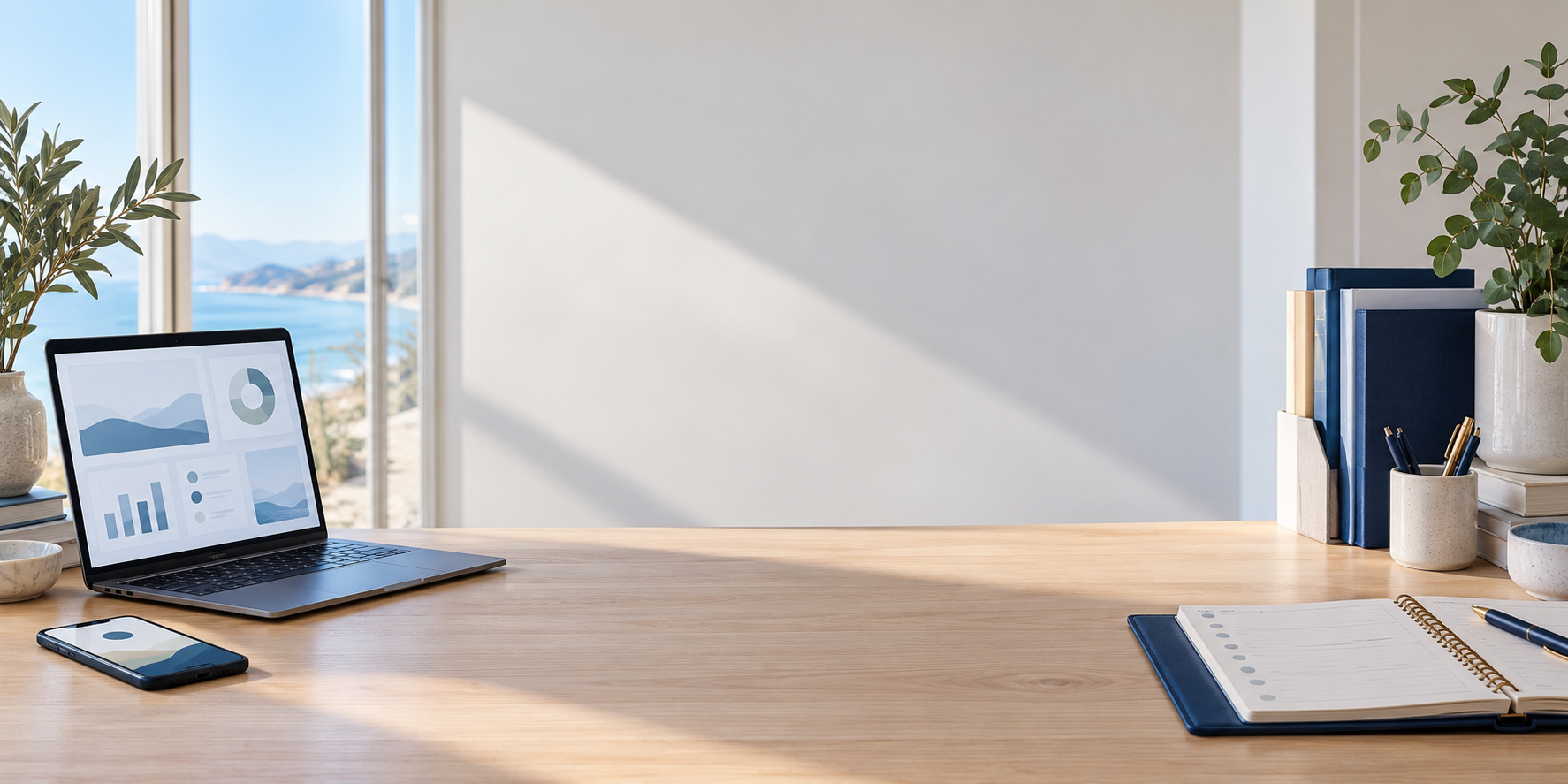 Espacio de trabajo organizado con vista costera de California