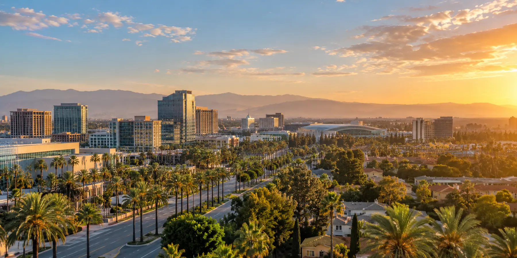 Vista panorámica de Anaheim, California, con centro urbano, palmeras y vecindarios de Anaheim