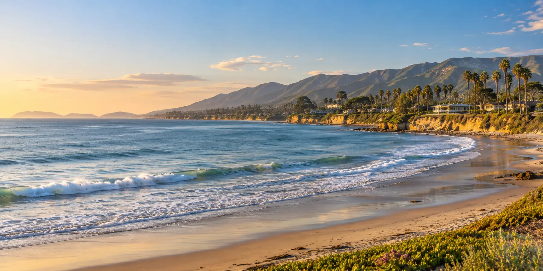 Vista panorámica de Carpinteria, California, con playa, acantilados costeros y montañas de Carpinteria
