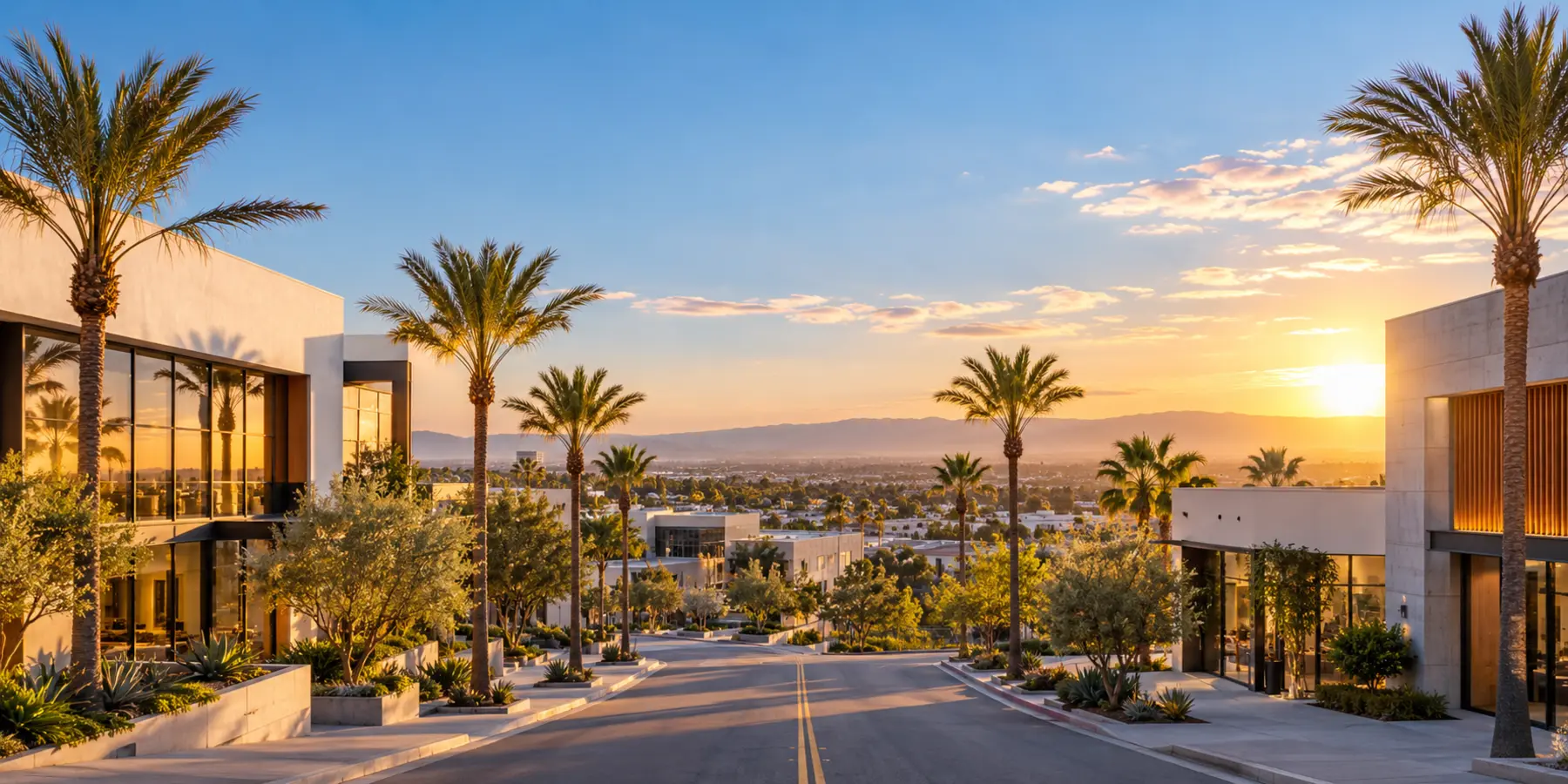 Vista panorámica de Costa Mesa, California, con arquitectura moderna, palmeras y ambiente costero de Costa Mesa