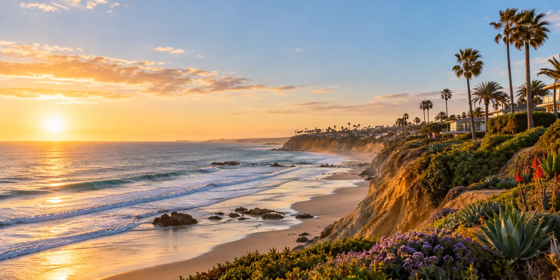Vista panorámica de Encinitas, California, con acantilados, playa y vegetación costera de Encinitas