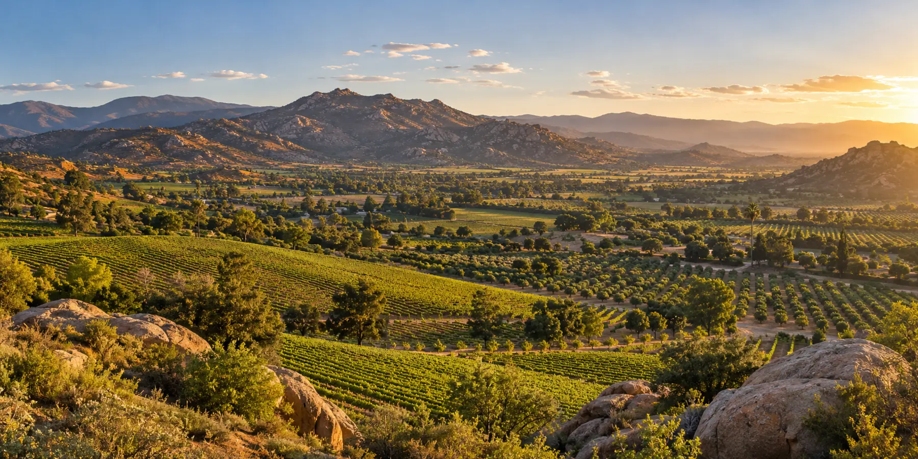 Vista panorámica de Escondido, California, con valle, viñedos y colinas de Escondido