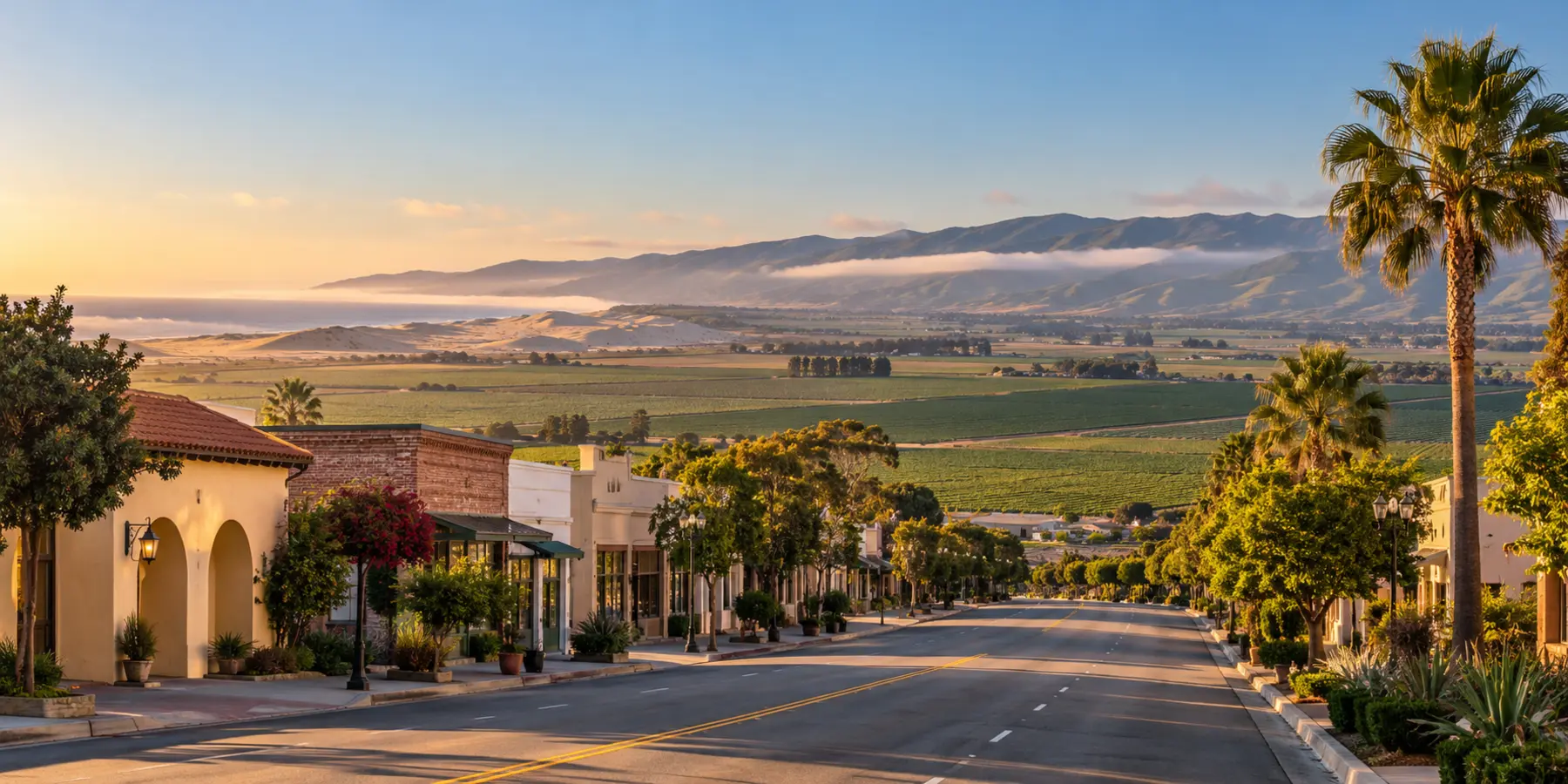 Vista panorámica de Guadalupe, California, con campos agrícolas, dunas costeras y colinas de Guadalupe