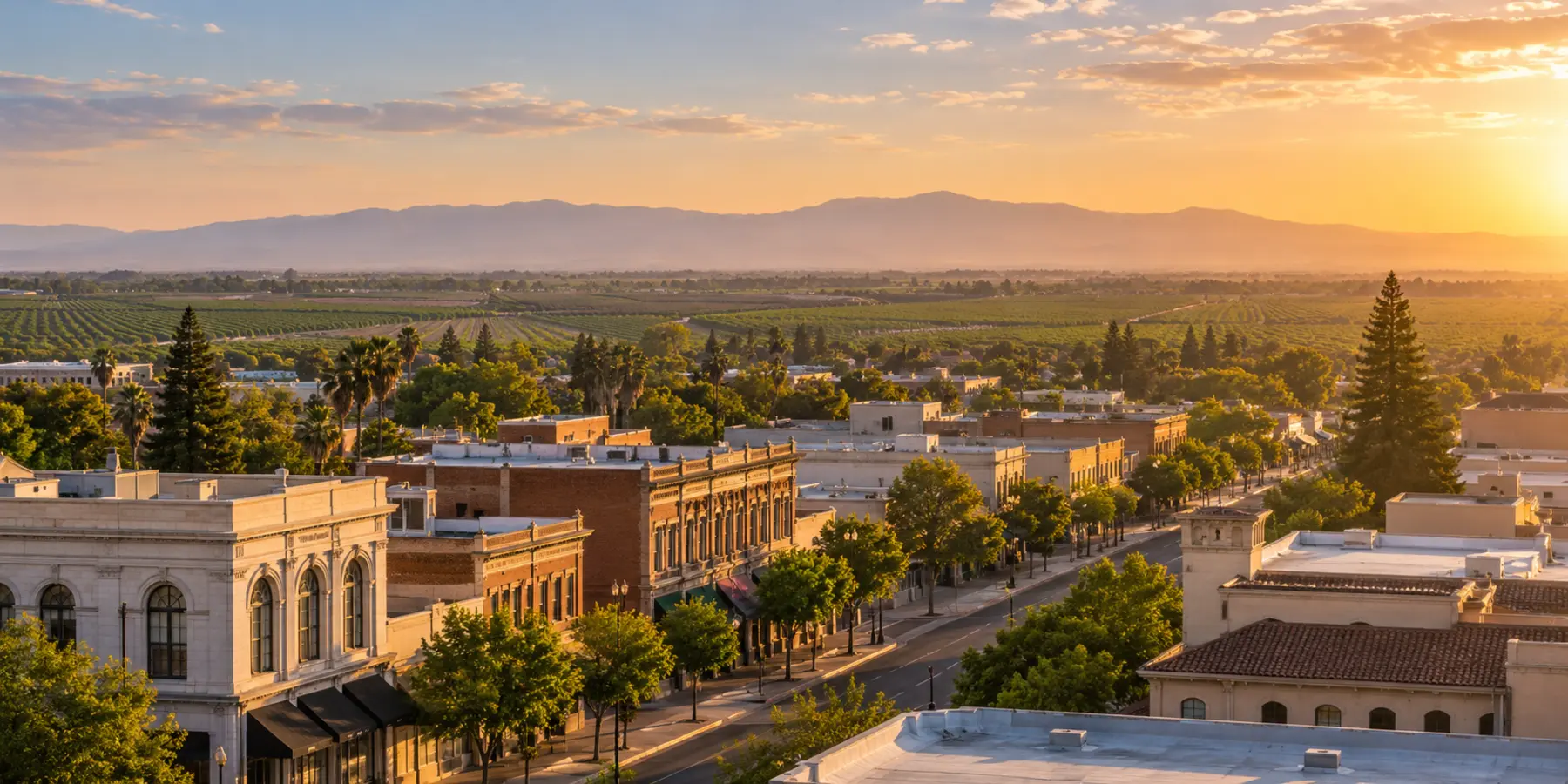 Vista panorámica de Hanford, California, con centro histórico, campos y valle de Hanford