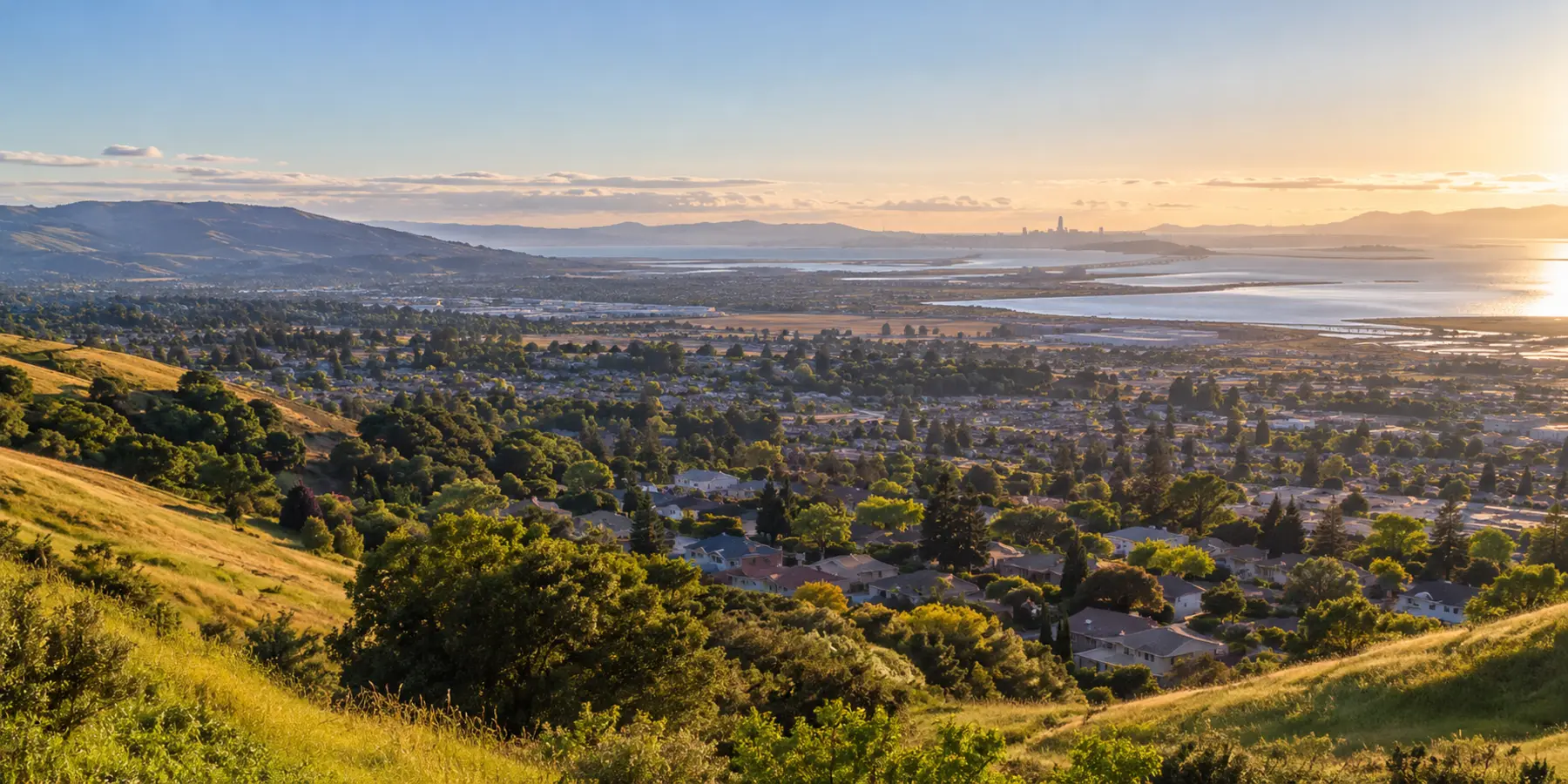 Vista panorámica de Hayward, California, con colinas, vecindarios y vista de la Bahía desde Hayward