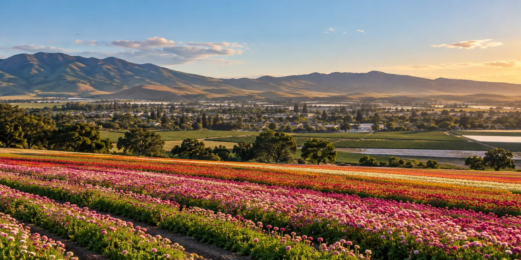 Vista panorámica de Lompoc, California, con campos de flores, valle y colinas costeras de Lompoc