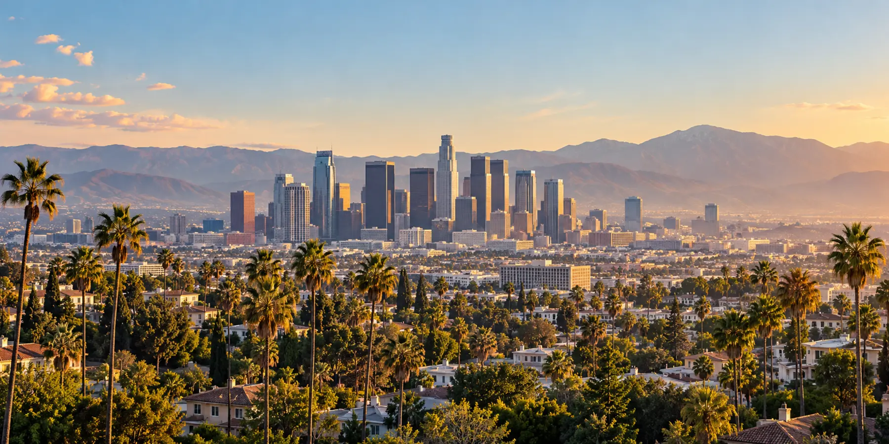 Vista panorámica de Los Angeles, California, con perfil urbano, palmeras y montañas de Los Angeles