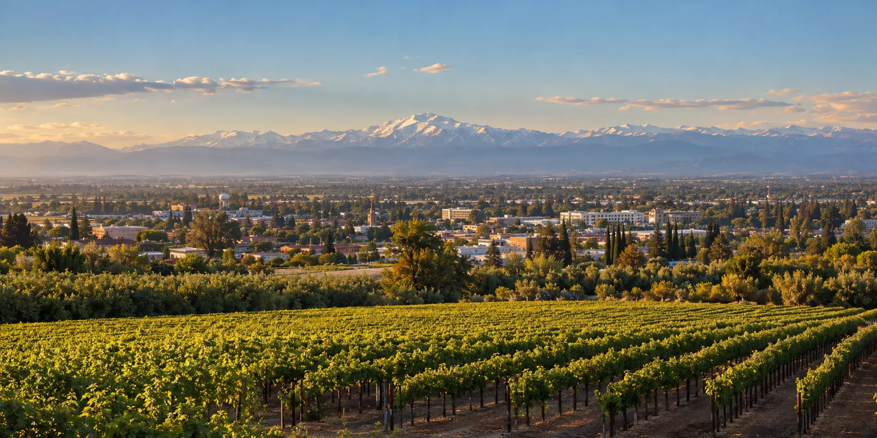 Vista panorámica de Madera, California, con viñedos, huertos y ciudad de Madera