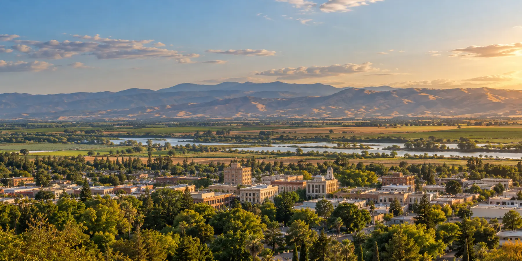 Vista panorámica de Merced, California, con centro urbano, campos y humedales cerca de Merced