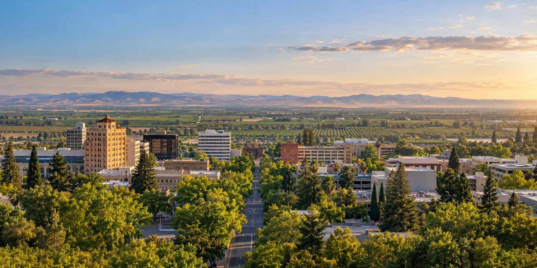 Vista panorámica de Modesto, California, con arboledas, campos y centro urbano de Modesto