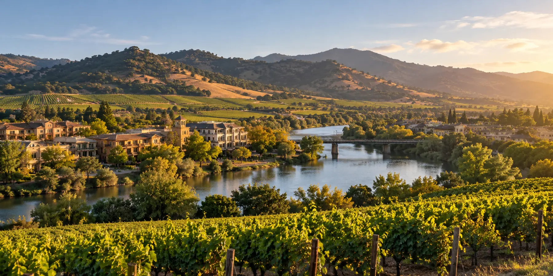 Vista panorámica de Napa, California, con viñedos, río y colinas del Valle de Napa