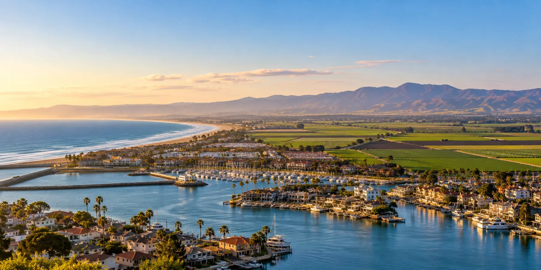 Vista panorámica de Oxnard, California, con costa, puerto, campos agrícolas y vecindarios de Oxnard