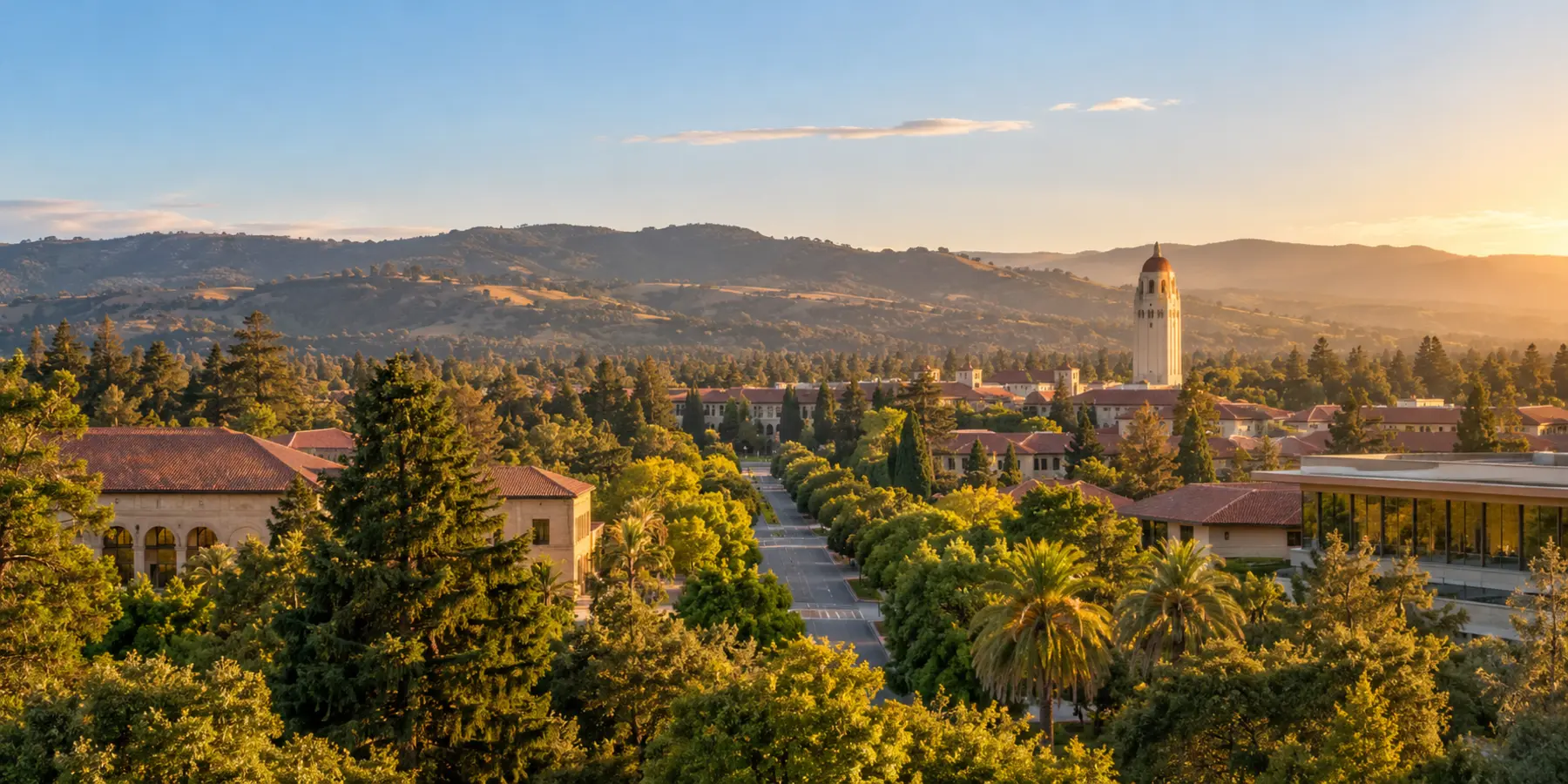 Vista panorámica de Palo Alto, California, con calles arboladas, arquitectura moderna y colinas de Palo Alto