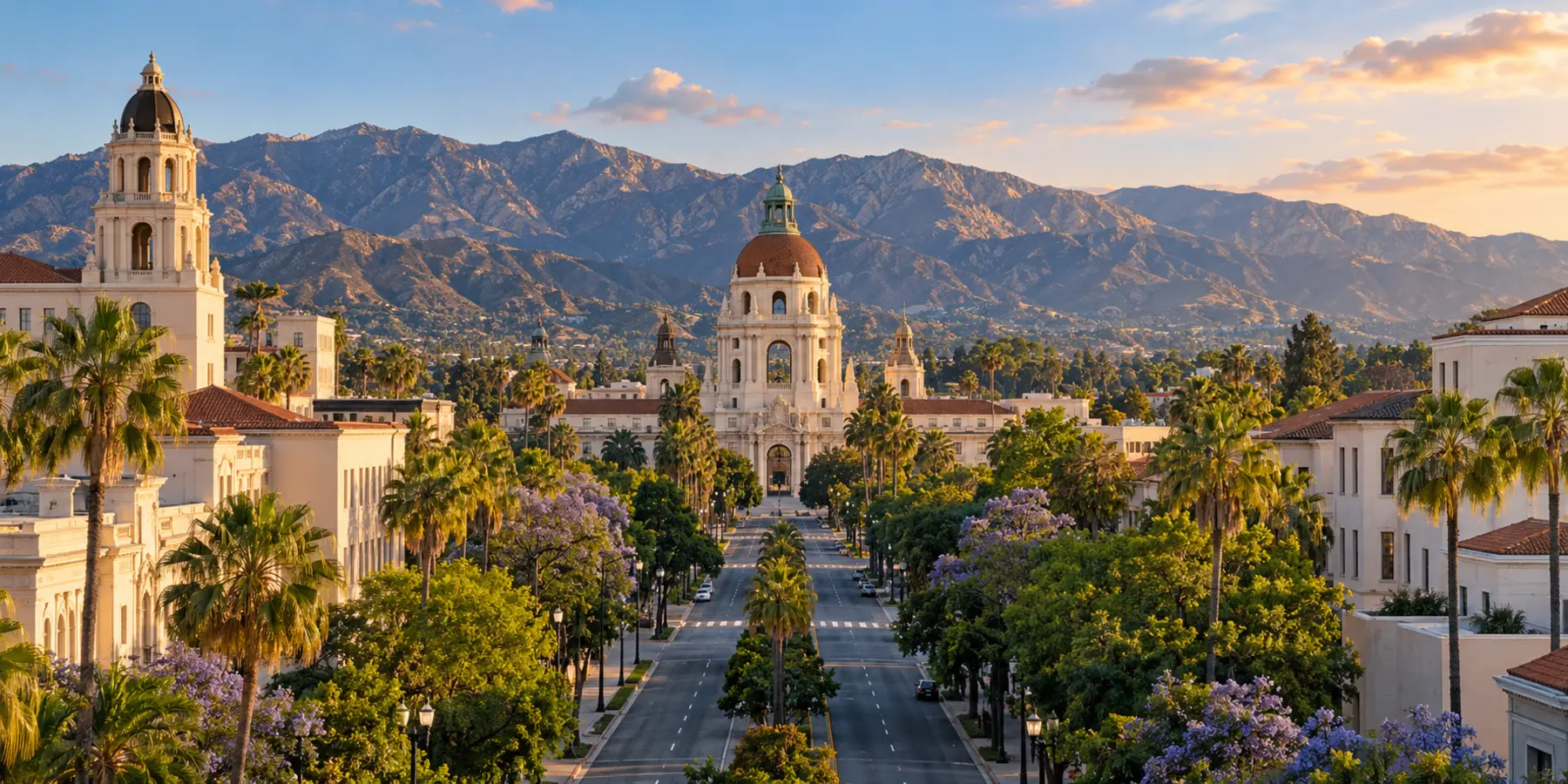 Vista panorámica de Pasadena, California, con arquitectura histórica, calles arboladas y montañas San Gabriel de Pasadena
