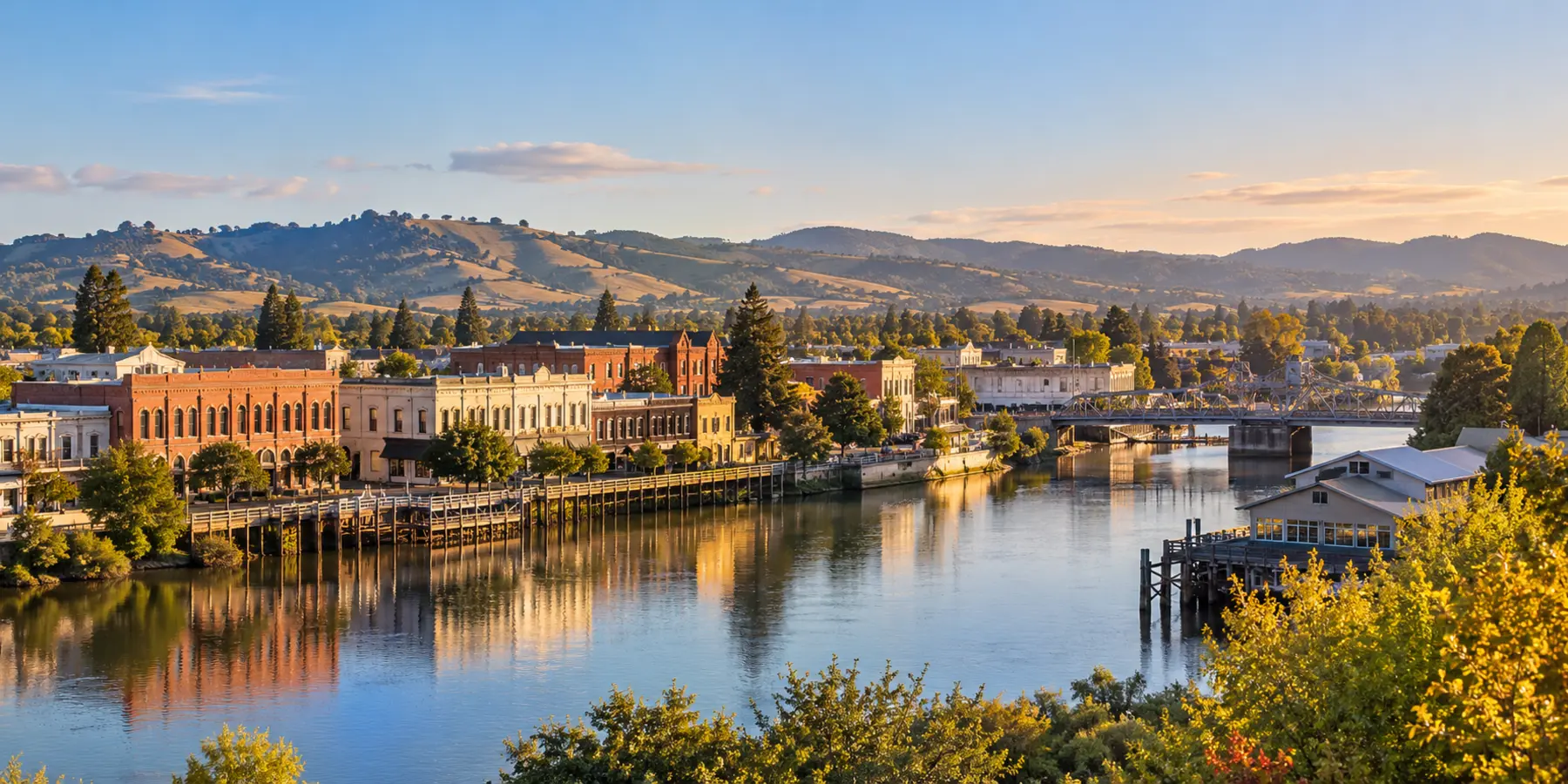 Vista panorámica de Petaluma, California, con río, centro histórico y colinas de Petaluma