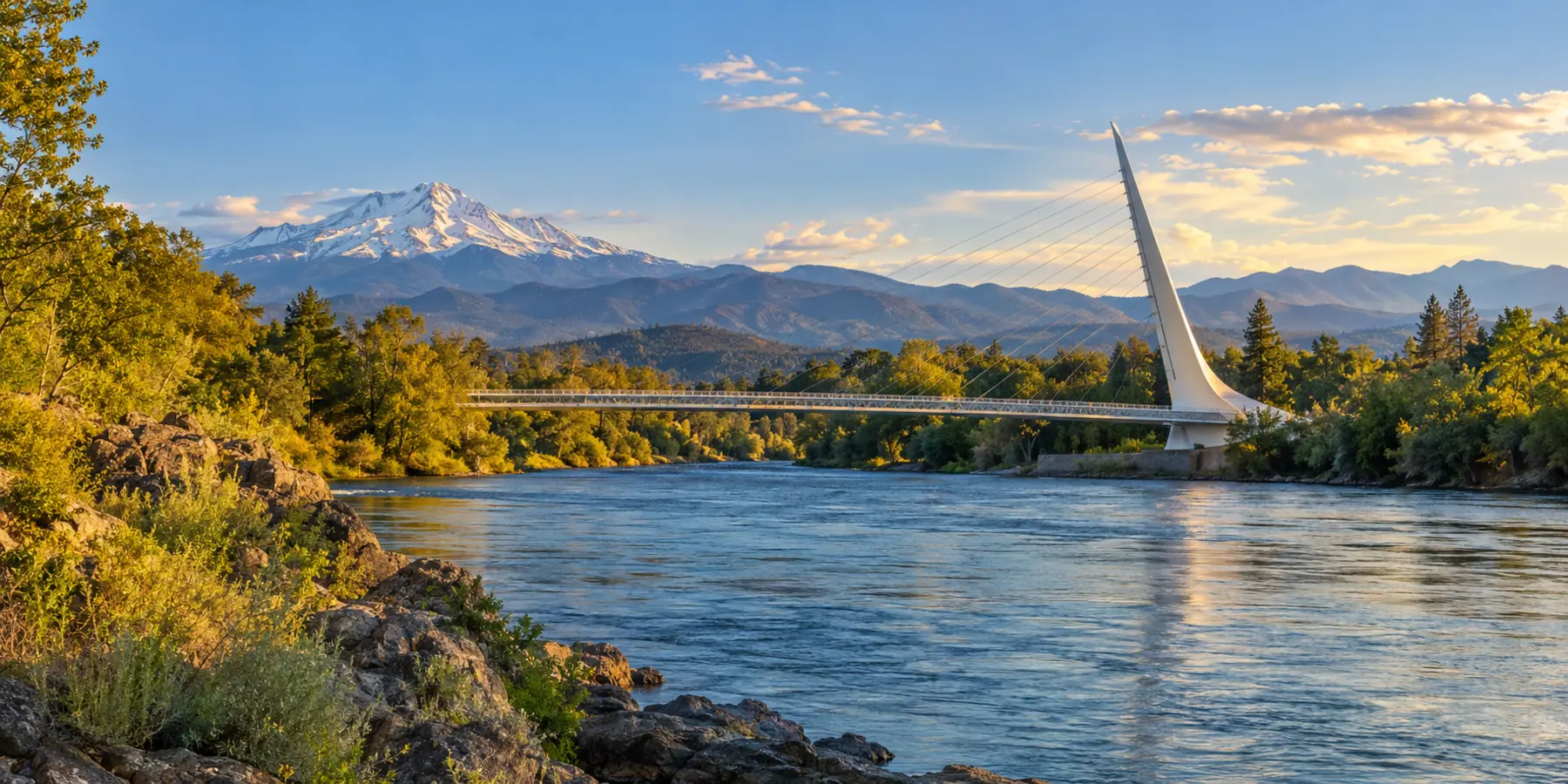 Vista panorámica de Redding, California, con río Sacramento, puente moderno y montañas cerca de Redding