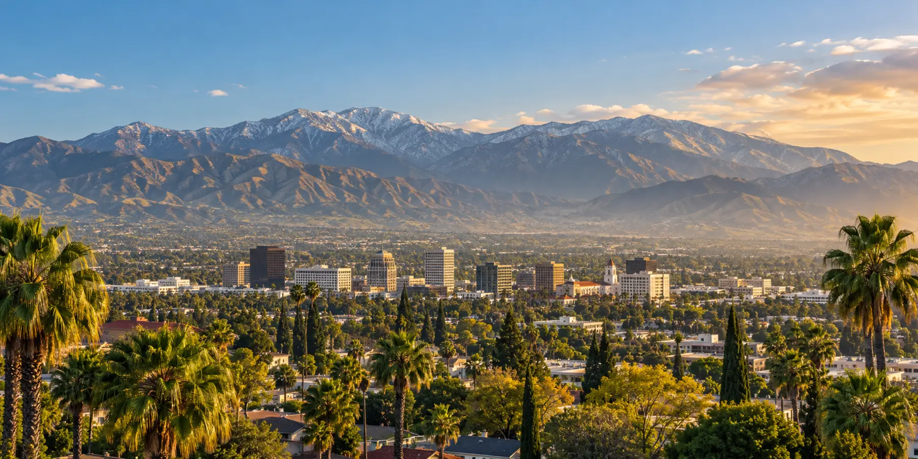 Vista panorámica de San Bernardino, California, con perfil urbano, palmeras y montañas San Bernardino
