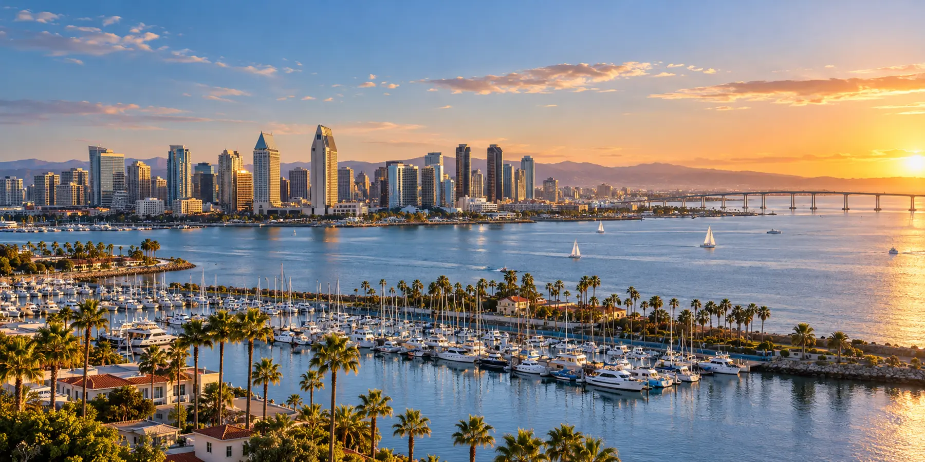 Vista panorámica de San Diego, California, con bahía, perfil urbano y costa de San Diego