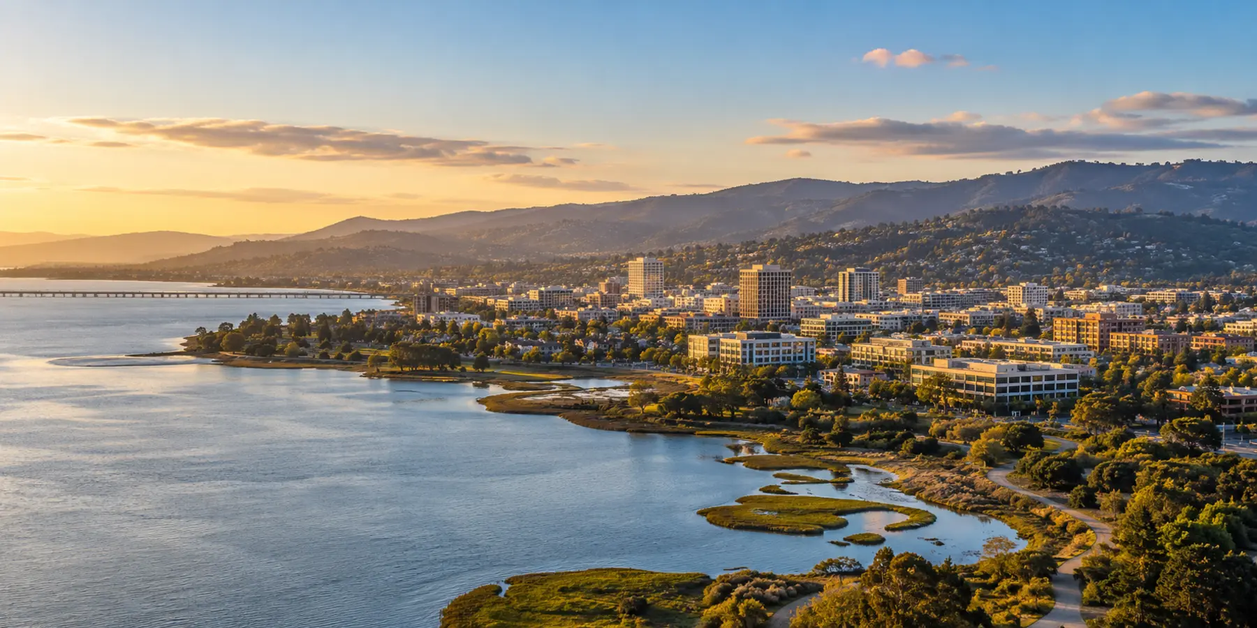Vista panorámica de San Mateo, California, con bahía, centro urbano y colinas de San Mateo