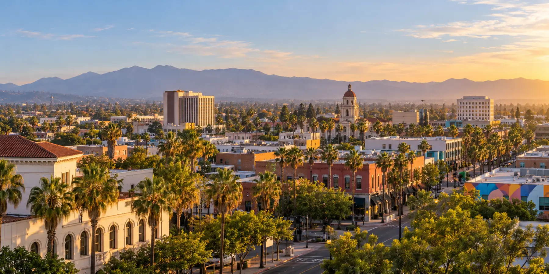 Vista panorámica de Santa Ana, California, con centro histórico, arte urbano y palmeras de Santa Ana