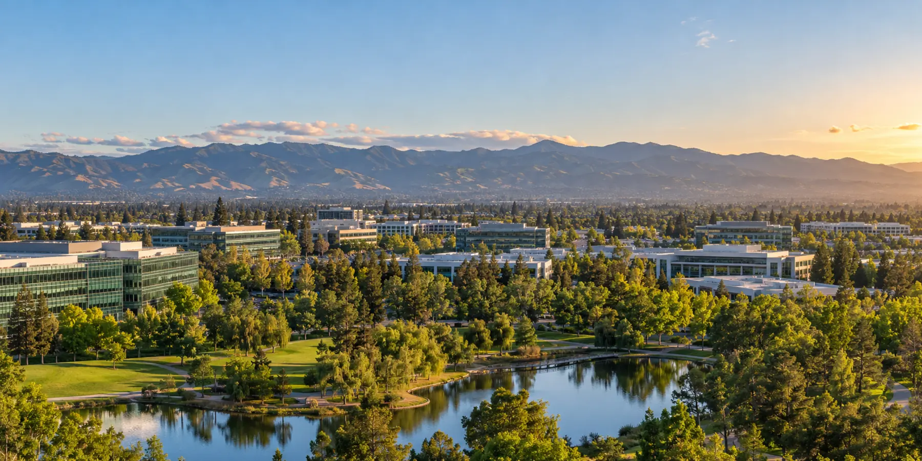 Vista panorámica de Sunnyvale, California, con parques, arquitectura tecnológica y montañas cerca de Sunnyvale