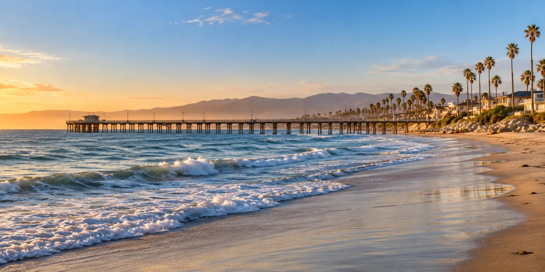 Vista panorámica de Ventura, California, con muelle, centro histórico, costa y colinas de Ventura