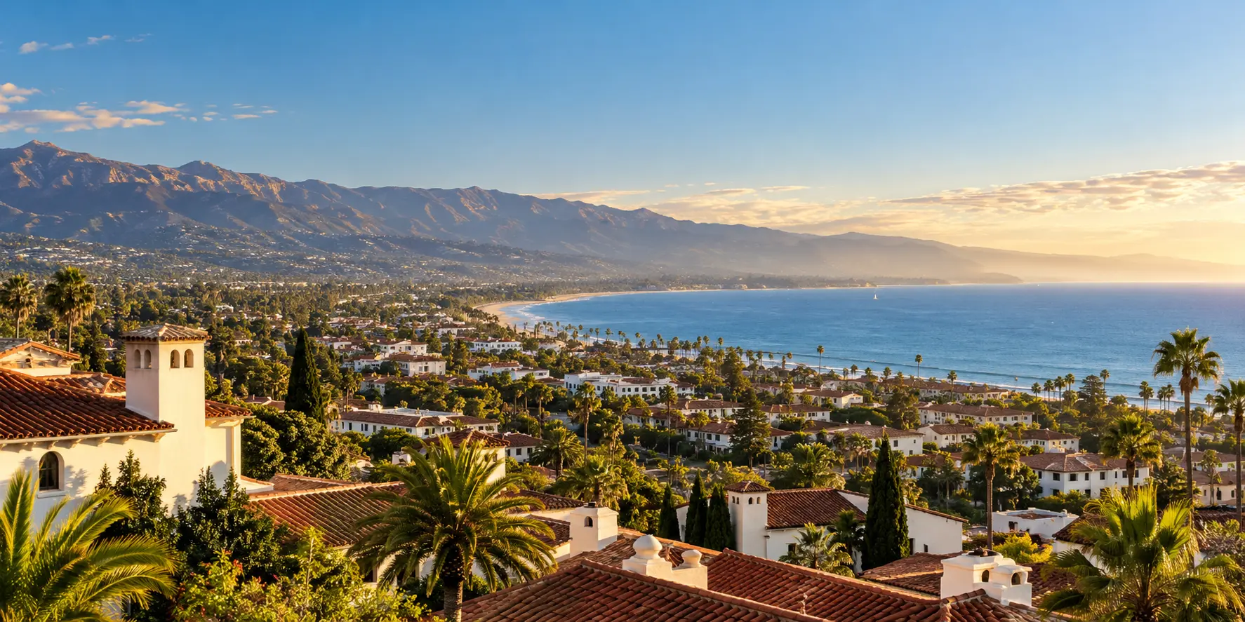 Vista panorámica de Santa Barbara, California, con océano, montañas y arquitectura mediterránea de Santa Barbara