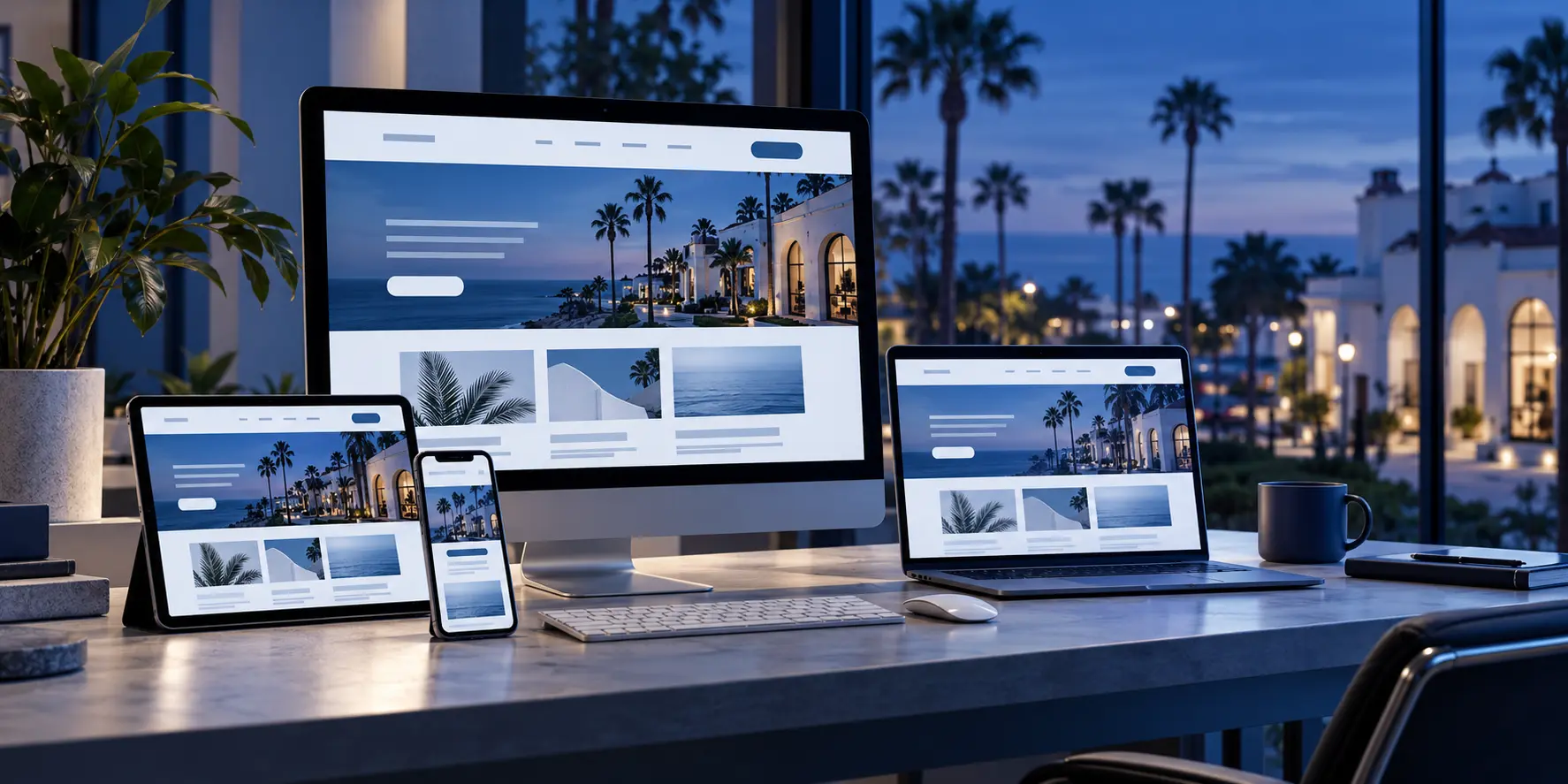 Sitio web adaptable mostrado en computadora, tableta y teléfono